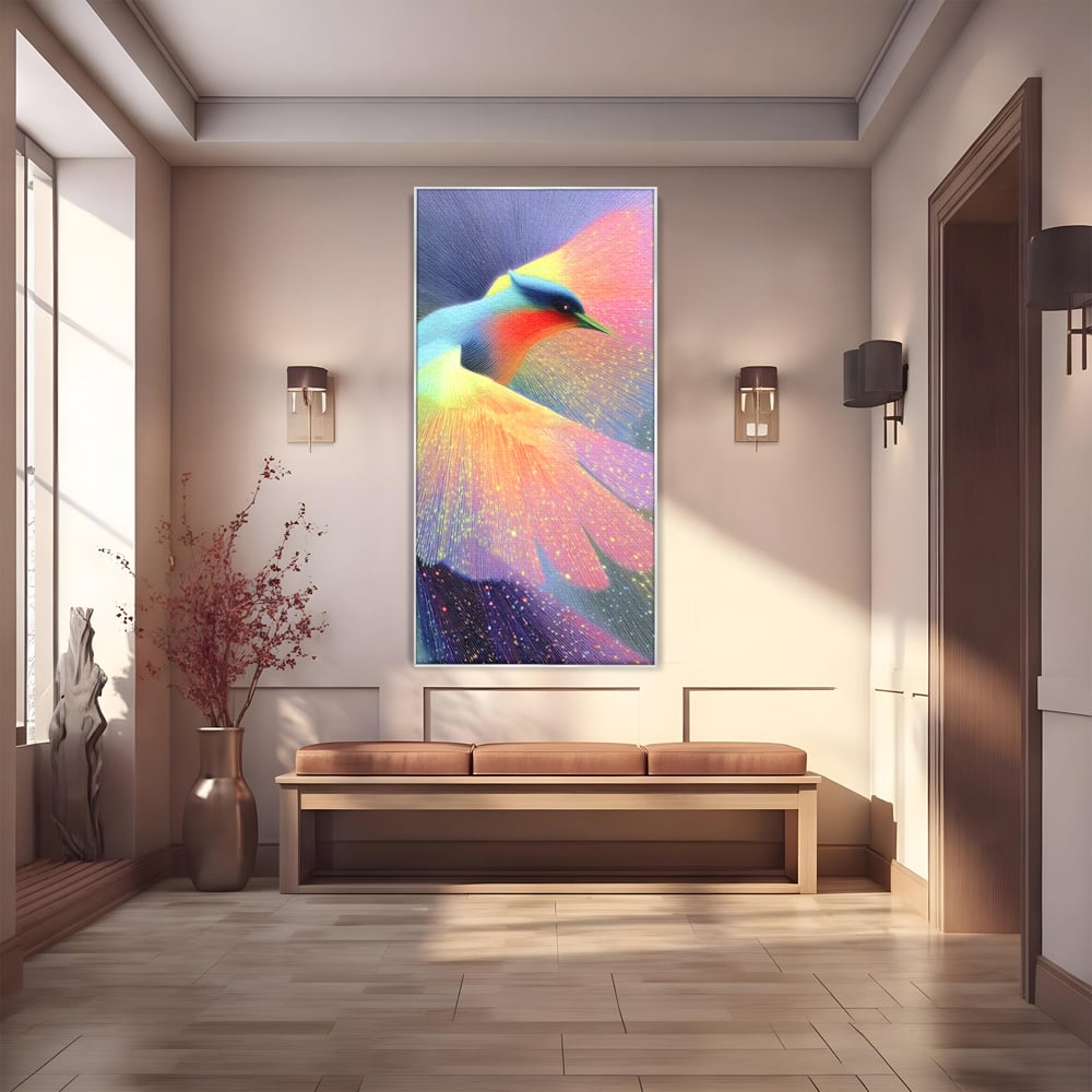 Tablou canvas cu tablou canvas cu pasare colorata in zbor, in rama de aluminiu argintiu